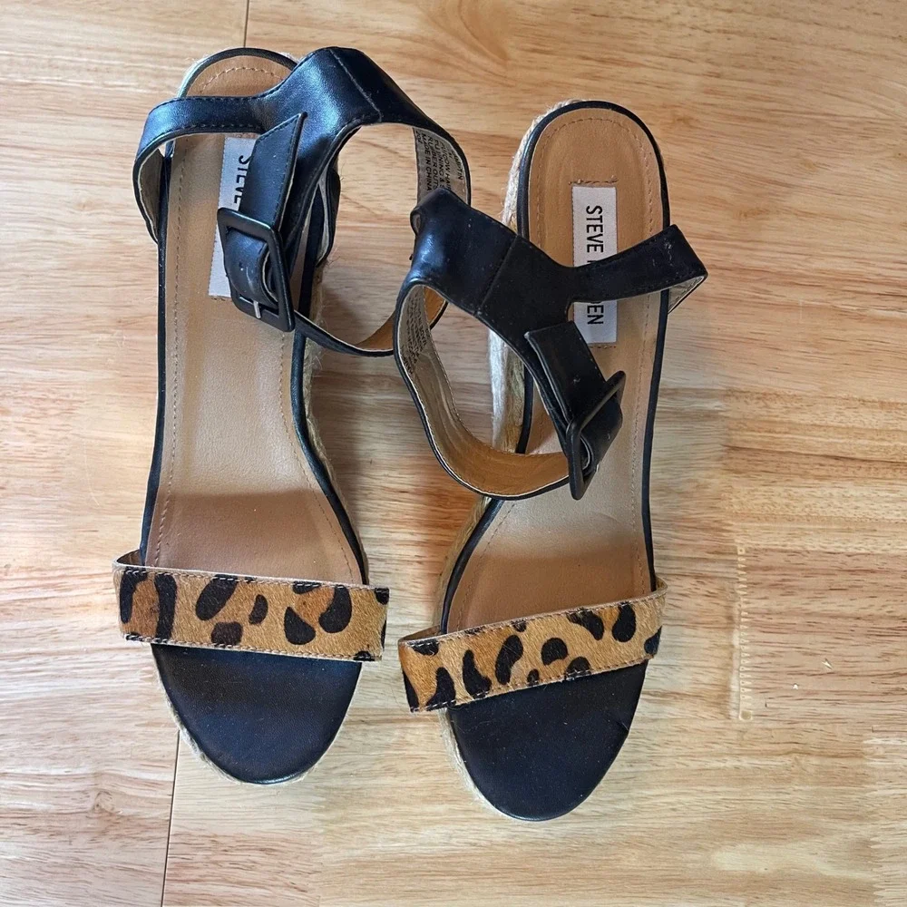 Steve Madden Hamptin Leopard Calf Hair Espadrille Wedge Sandals Black Womens 8.5